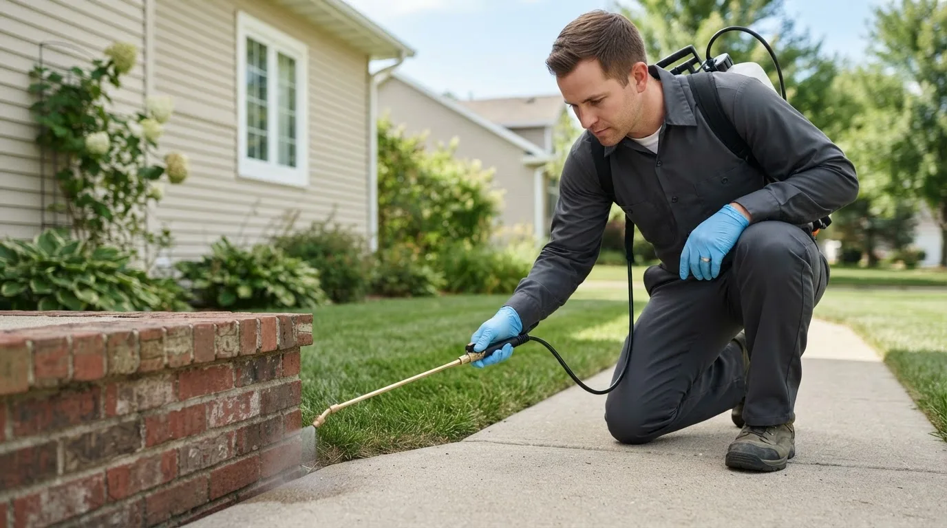 Pest control technician treating a home near Mapleton, ND