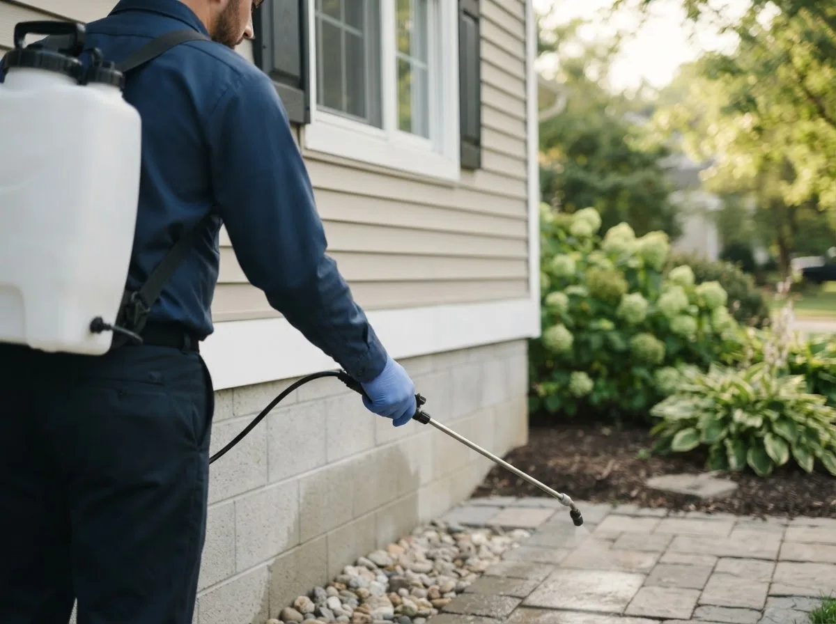 Pest control technician inspecting a home in Mapleton, ND